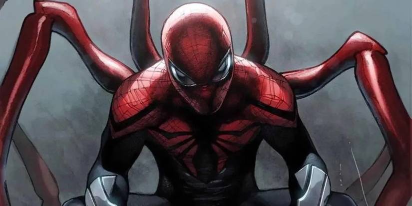 Comic book art: The Superior Spider-Man glares at the viewer.