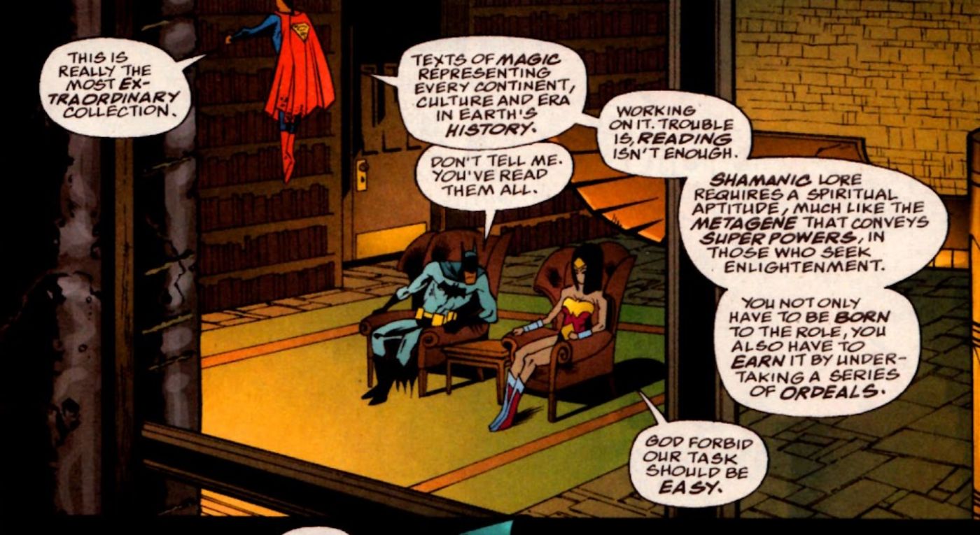 Comic book panel: Superman Admits To Batman And Wonder Woman He’s An Expert On Magic