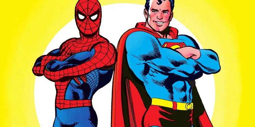 Comic book art: Spider-Man and Superman smile back to back.