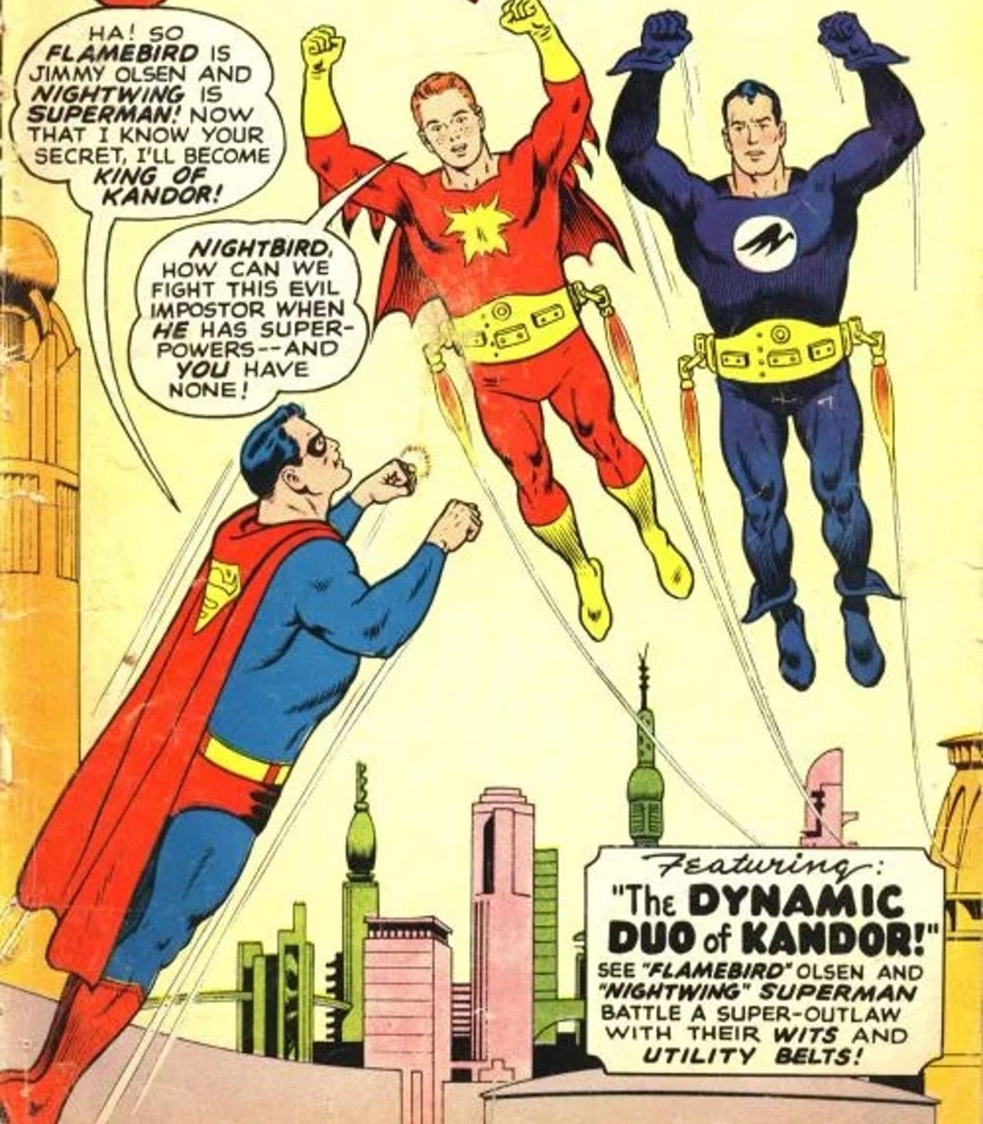 Superman as Nightwing and Jimmy Olsen as Flamebird