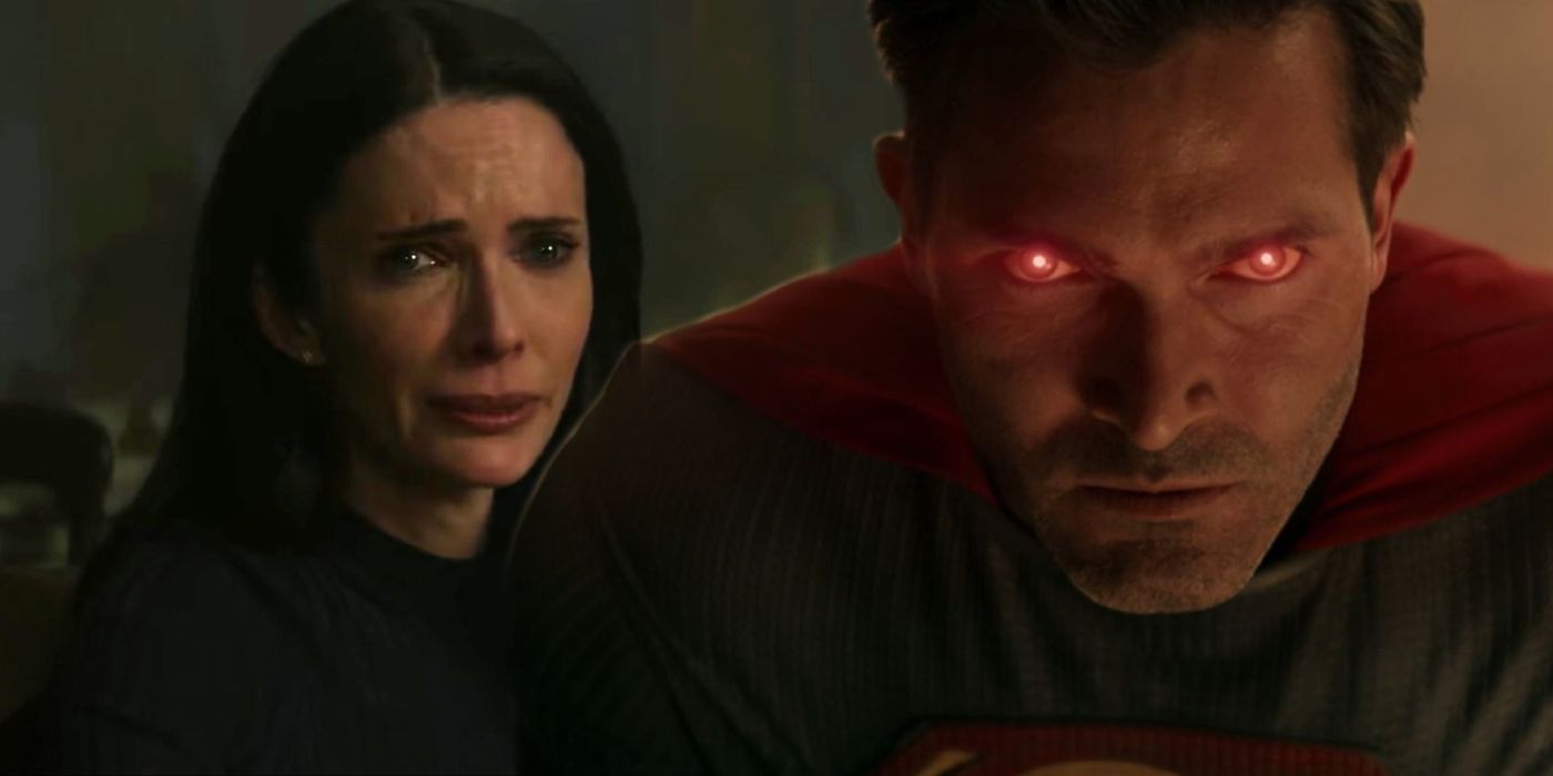 Lois Lane crying while Superman uses his heat vision as he looks angry in the Superman & Lois TV show