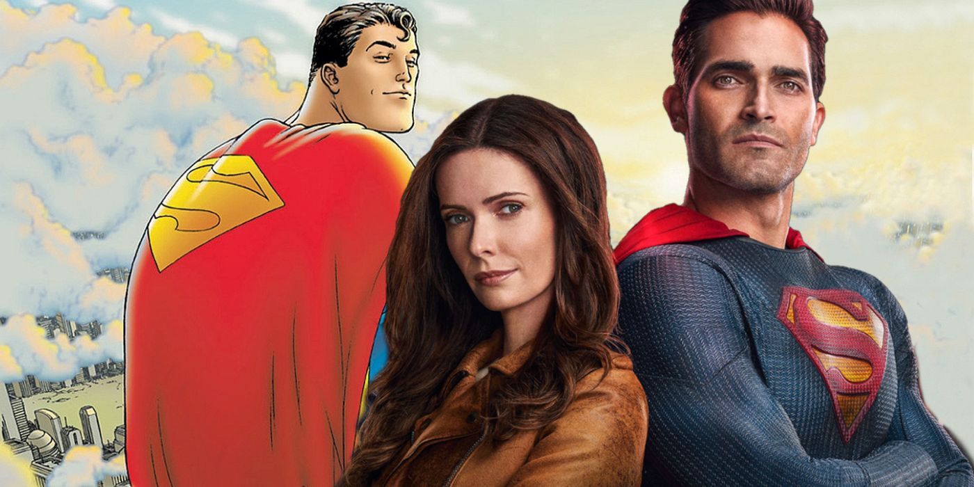 Tyler Hoechlin and Bitsie Tulloch as Superman and Lois with Superman from DC Comics' All-Star Superman comic book