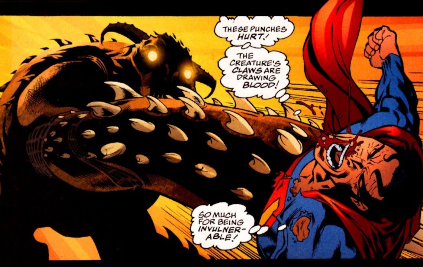 Comic book panel: Superman Takes A Major Hit From An Enemy That Bypasses His Invulnerability