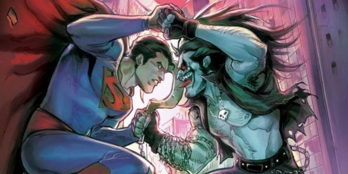 Superman vs Lobo, the Man of Steel grappling with the 