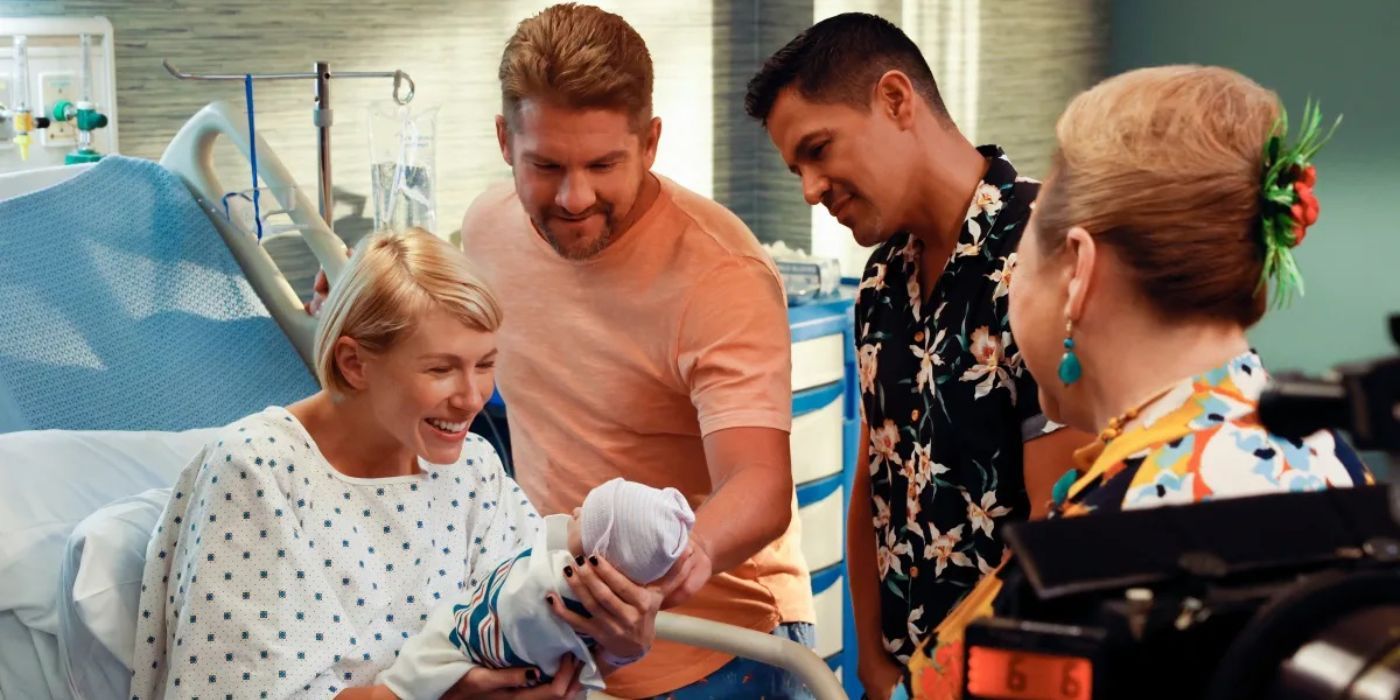 Suzy (Betsy Phillips) segurando seu bebê Joy no hospital enquanto Rick (Zachary Knighton), Magnum (Jay Hernandez) e uma enfermeira observam Magnum PI