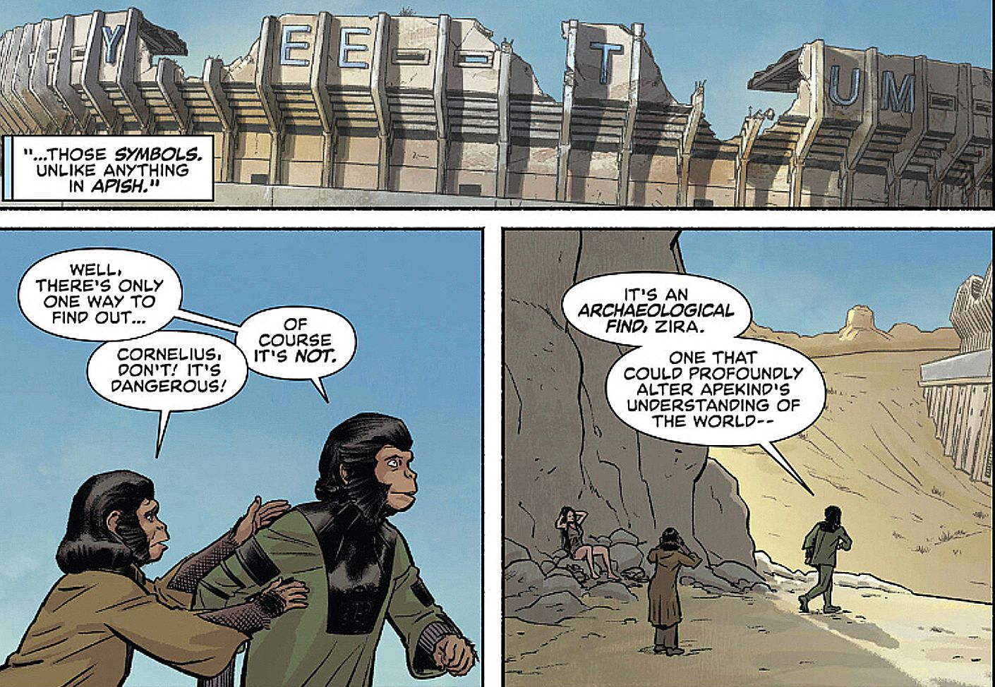 sBeware the Planet of the Apes #2, Zira is hesitant to explore the ruins of Yankee Stadium, while Cornelius is in awe