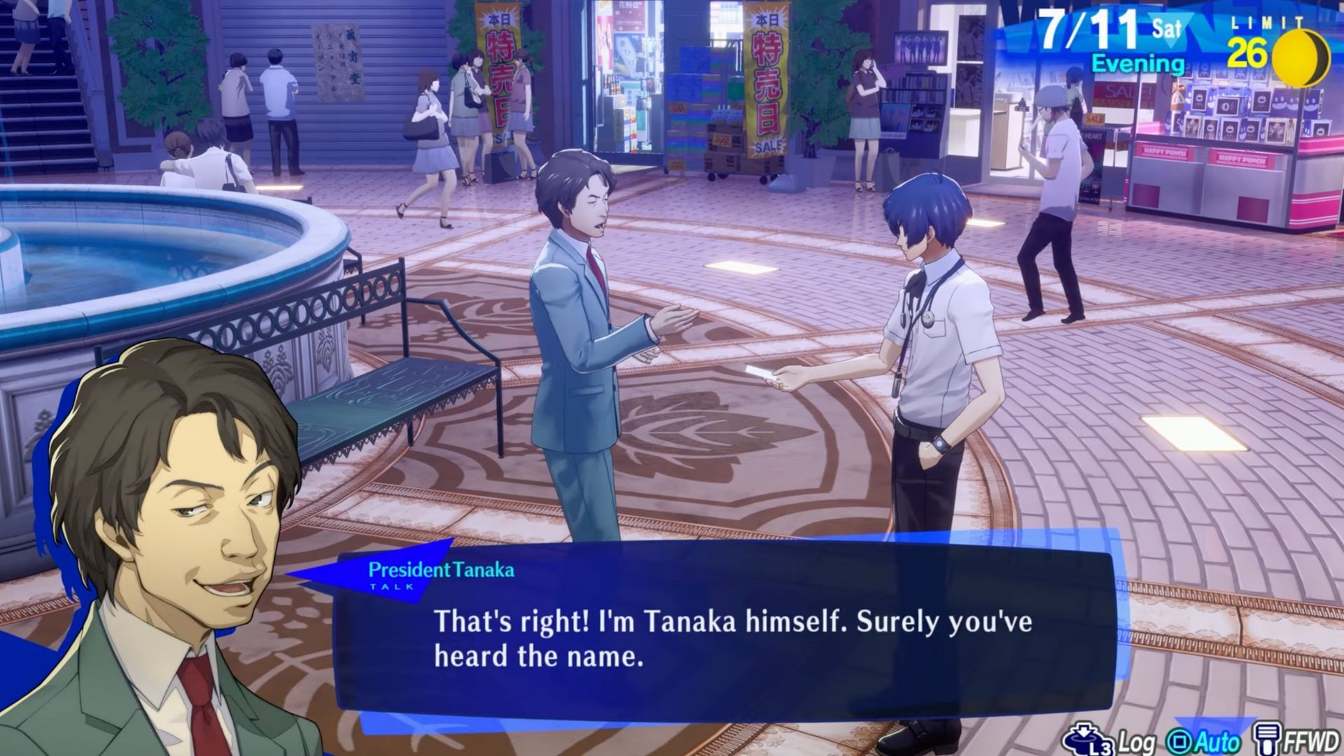 Tanaka speaking with Makoto in Persona 3 Reload in the middle of the mall