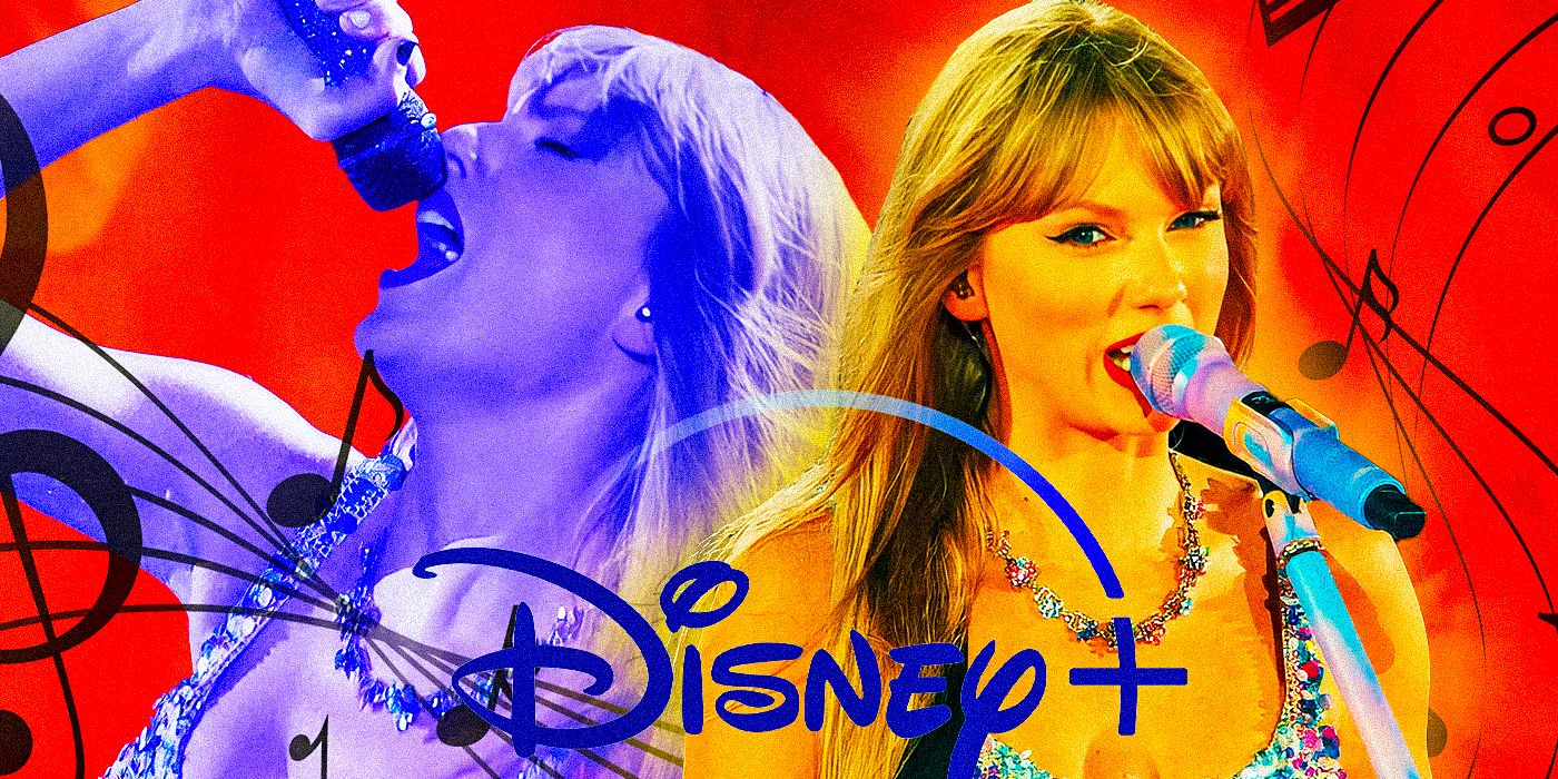 The Disney logo overlayed on images of Taylor Swift performing at The Eras Tour.