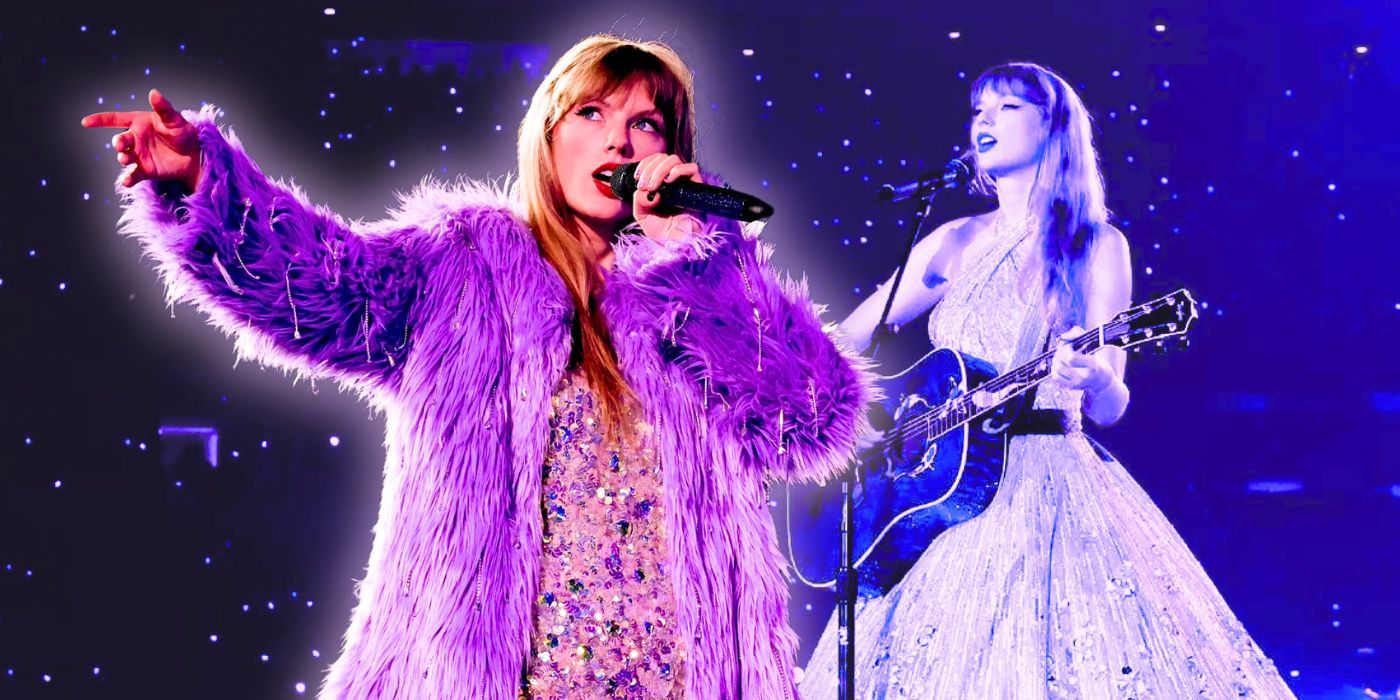 Taylor Swift performing Lavender Haze collaged with Taylor Swift playing guitar from The Eras Tour movie