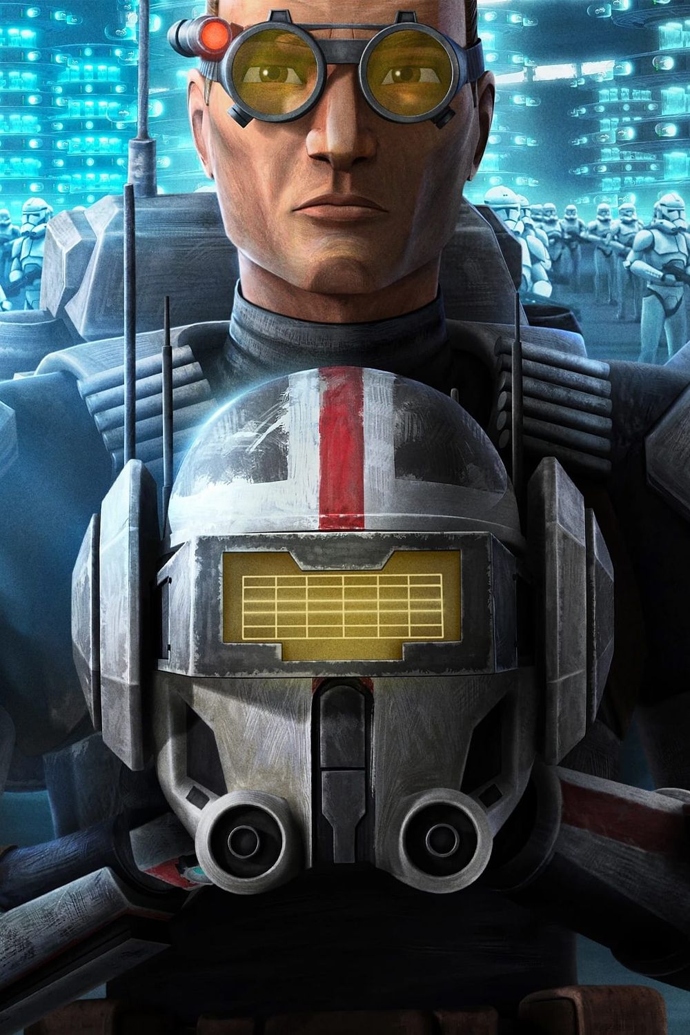 Tecnologia de Star Wars the Bad Batch segurando um capacete na frente de um exército de clones