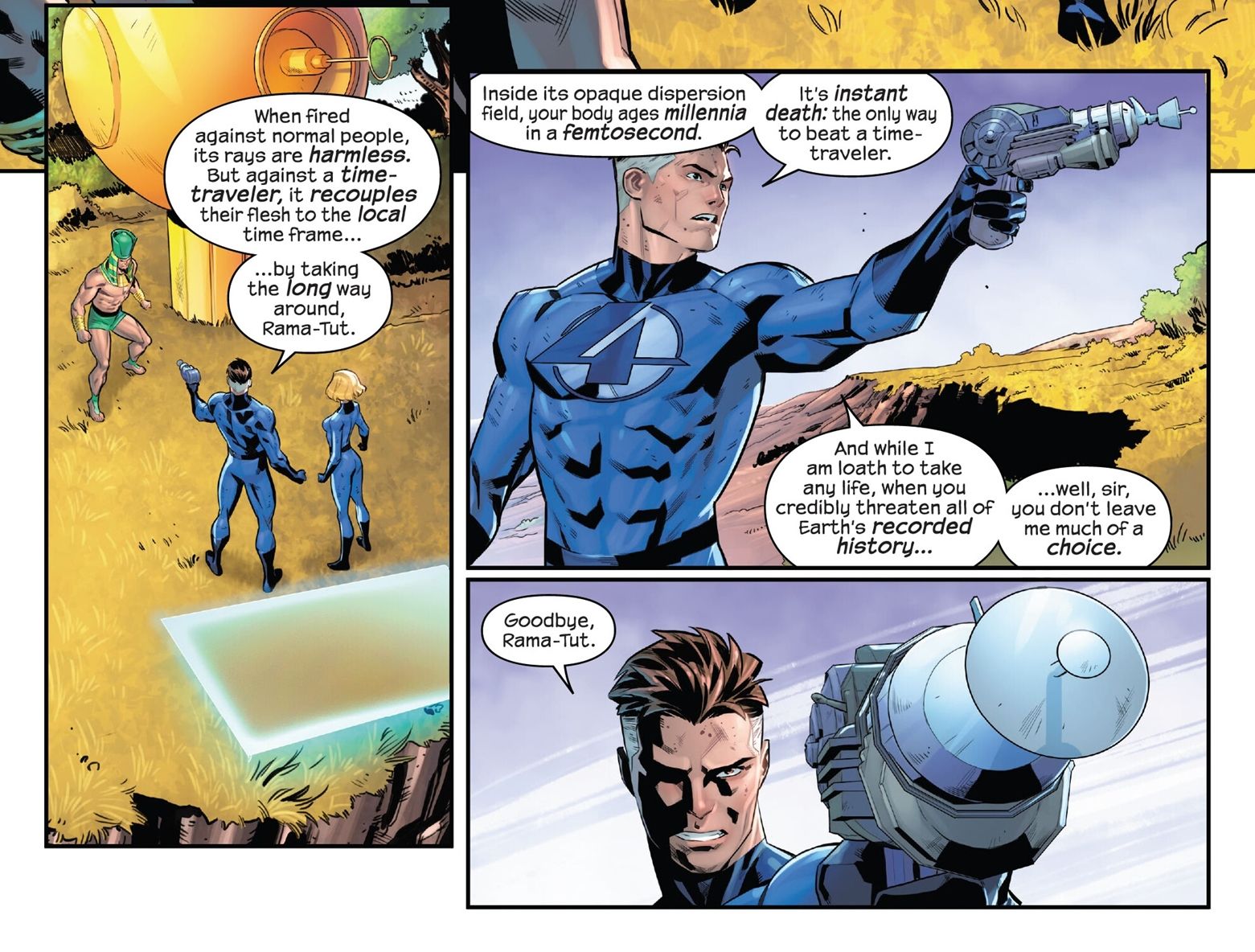 Quarteto Fantástico #17, Reed Richards explica seu recuperador temporal para Rama Tut. 