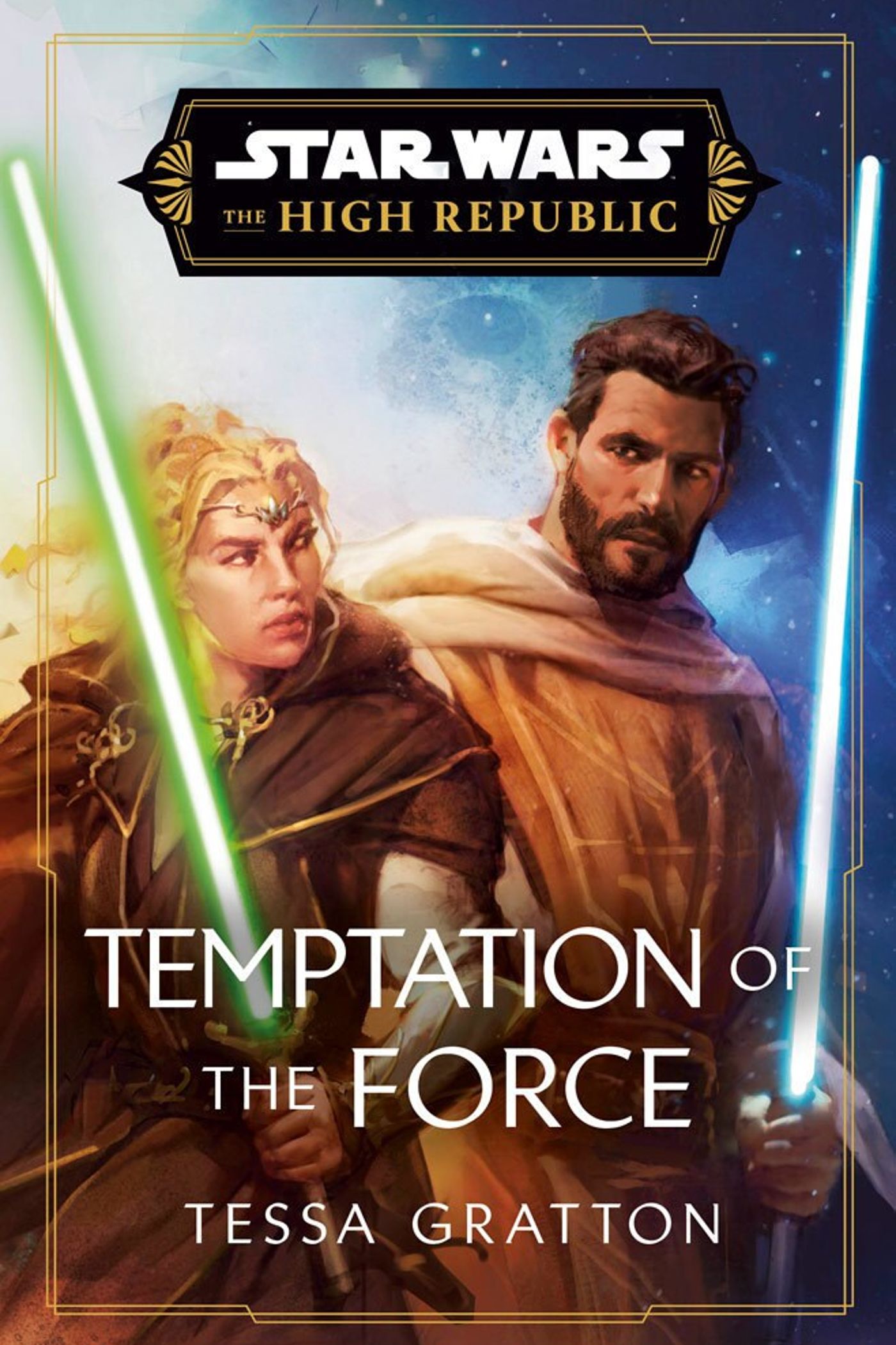 Arte da capa de Temptation of the Force apresentando os Mestres Jedi Avar Kriss e Elzar Mann segurando seus sabres de luz com um fundo espacial brilhante e suave