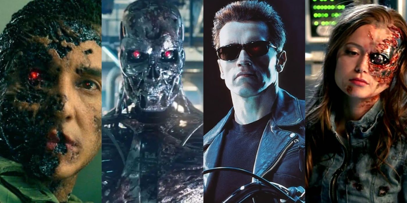 Side by side images feature Gabriel Luna, the metallic skeleton, Arnold Scwarzenegger, and Summer Glau as terminators in the Terminator franchise