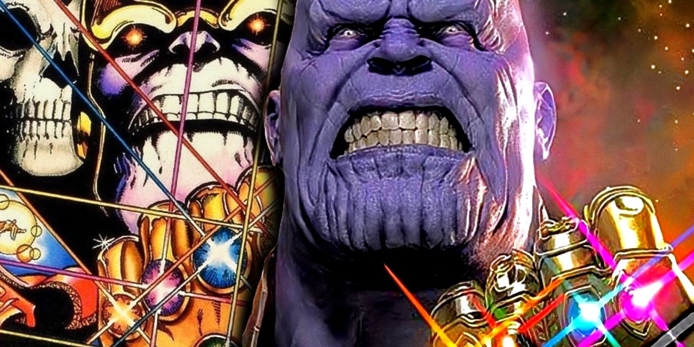 MCU and Marvel Comics Thanos wielding Infinity Gauntlet.