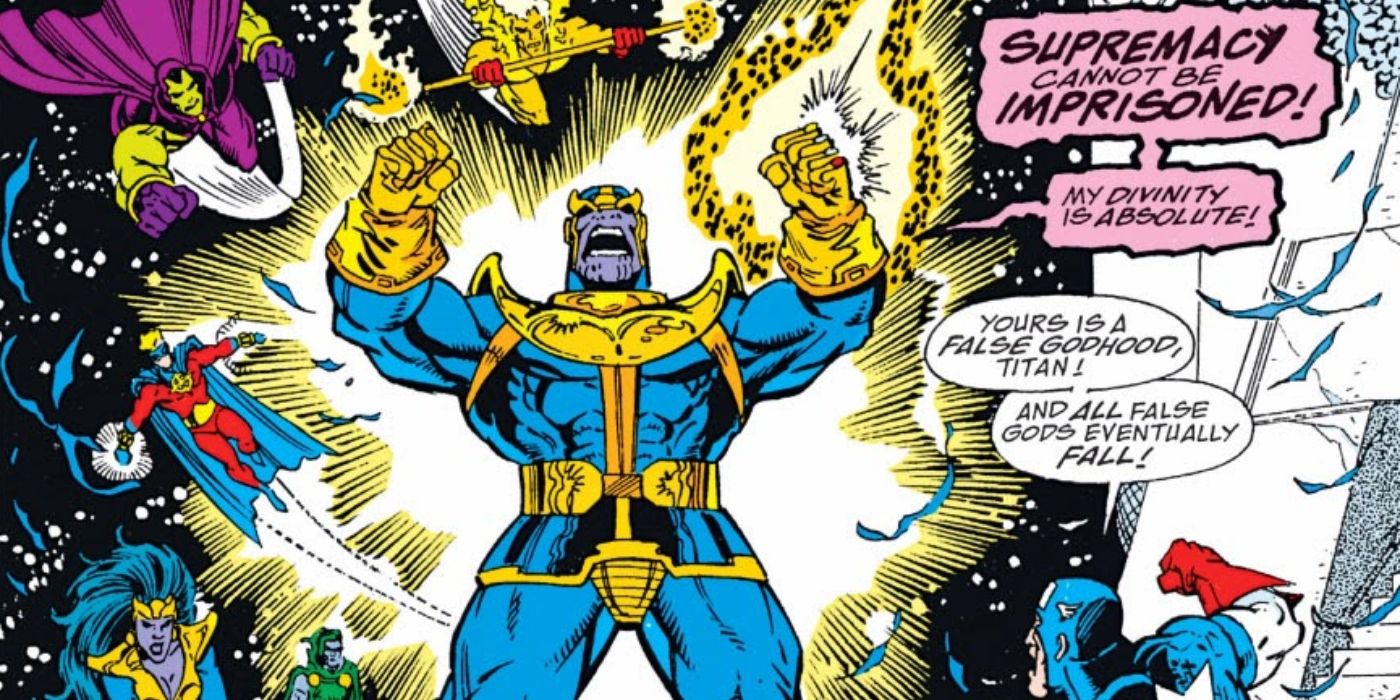 Thanos lutando contra os Vingadores em Infinity Gauntlet.