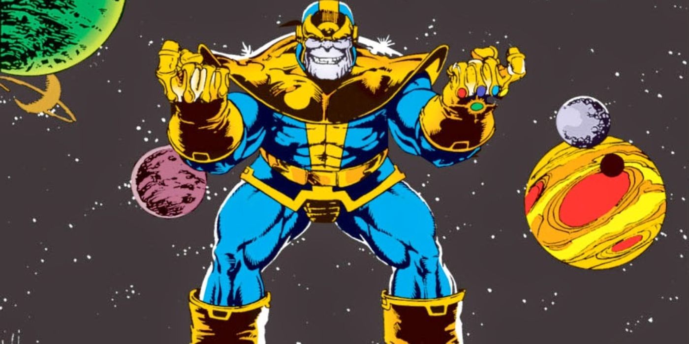 Thanos flutuando no espaço pronto para lutar.