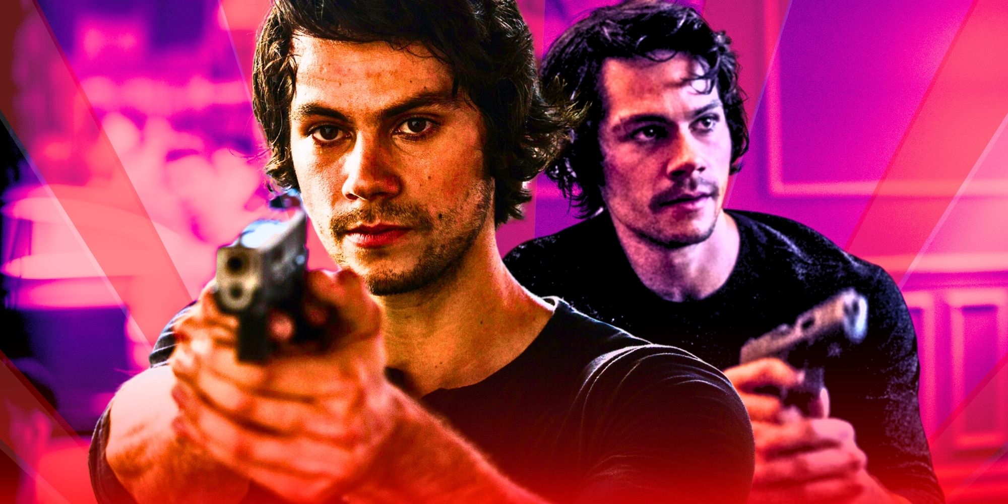 Dylan O'Brien holding a glock pistol in American Assassin collage