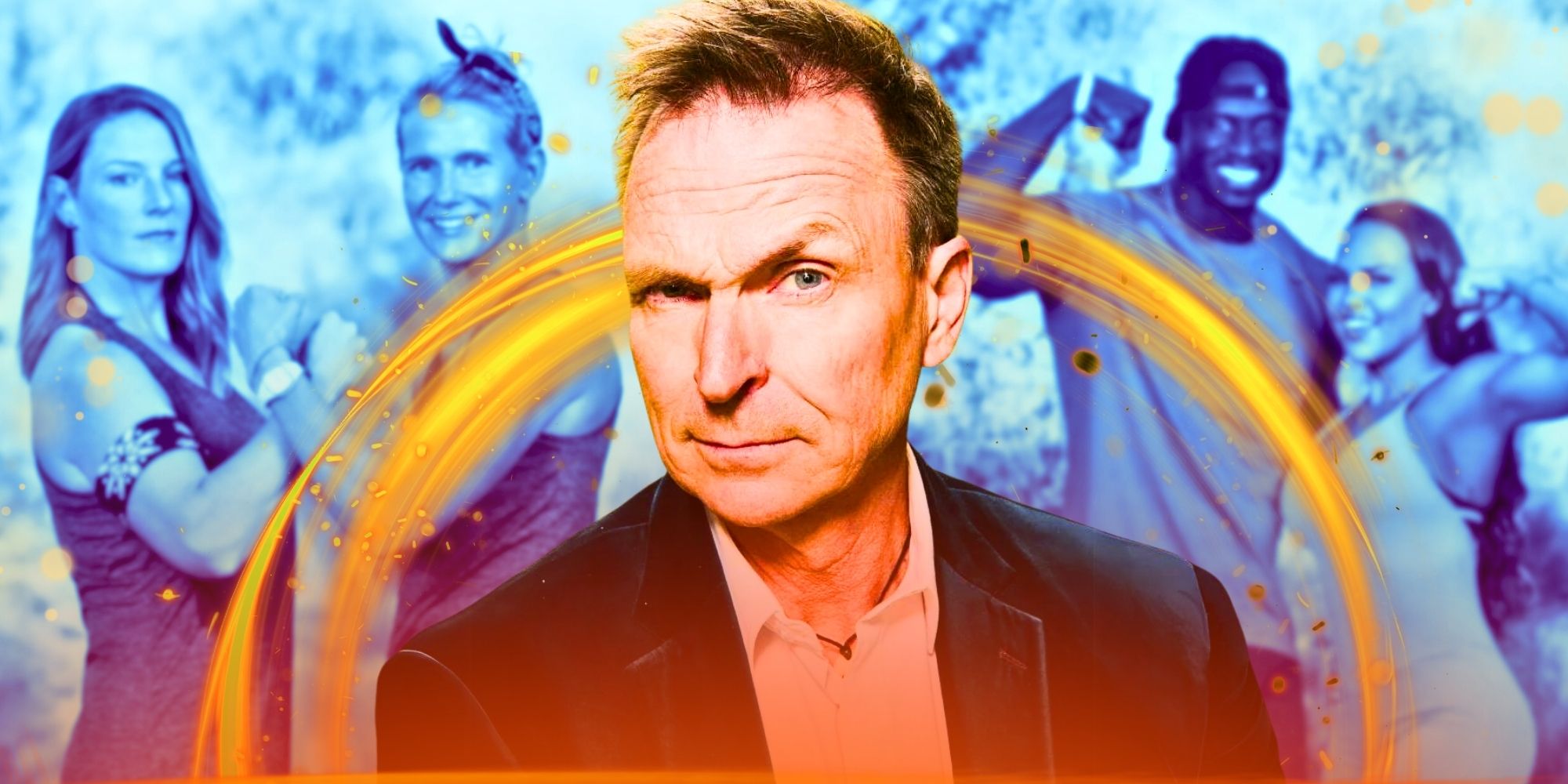 Host Phil Keoghan with two The Amazing Race season 36 teams in the background