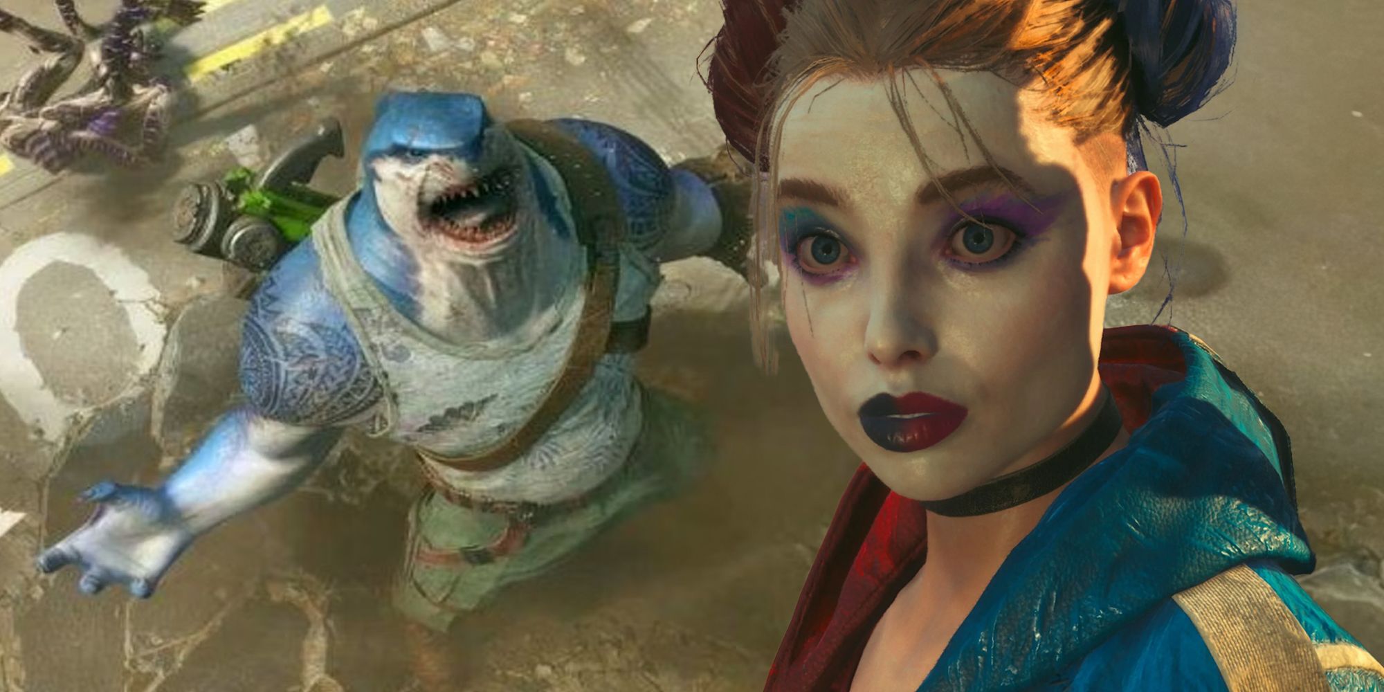 Harley Quinn looks shocked as King Shark roars with rage in the background, surrounded by bodies