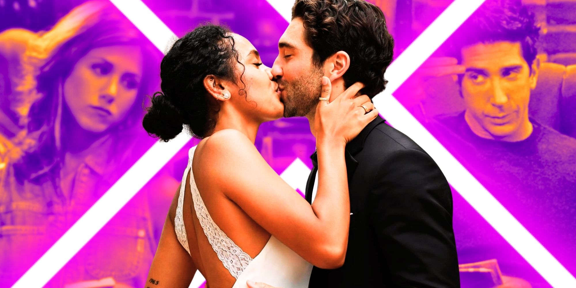 The Bachelor Season 28’s Rachel and Joey kissing, with Friends characters Rachel and Ross behind them