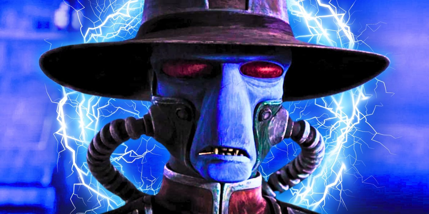 Cad Bane glares at the camera with his sharp teeth slightly exposed in Star Wars: The Bad Batch set against a blue background with electricity circling his head