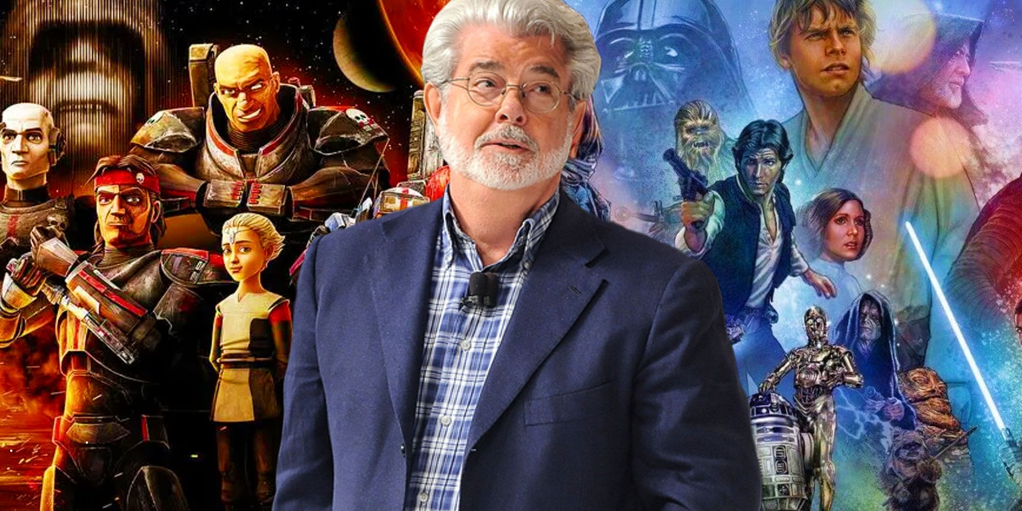 George Lucas between posters for The Bad Batch and the Skywalker Saga
