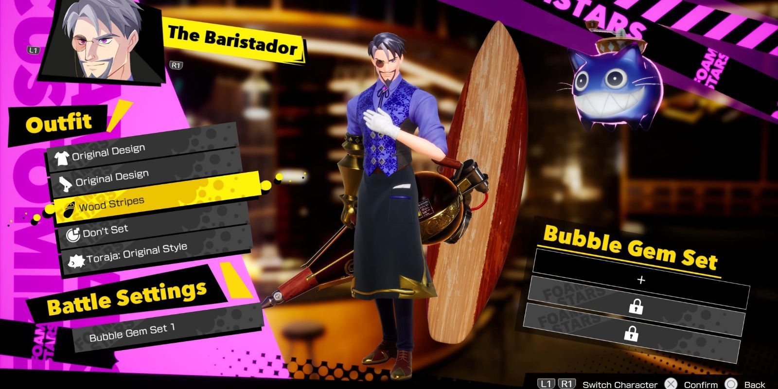 The Baristador character selection screen in Foamstars