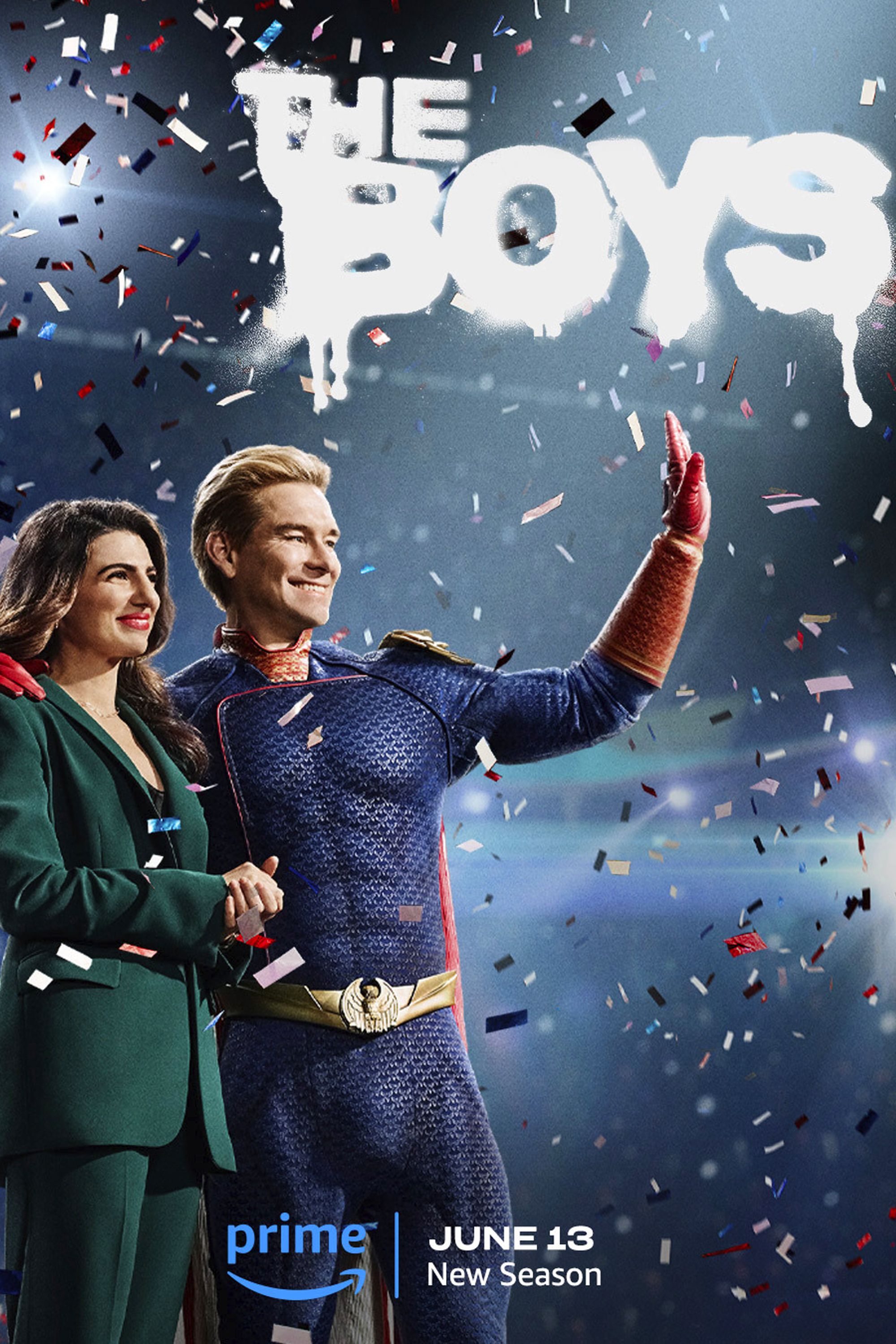 Das Poster zur 4. Staffel der Boys zeigt Homelander mit Victoria Neuman, umgeben von Konfetti