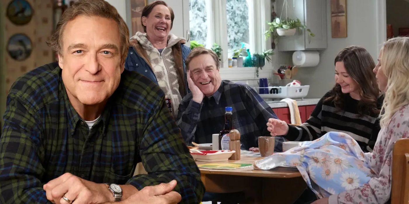 A composite image of characters from The Conners laughing at the dinner table