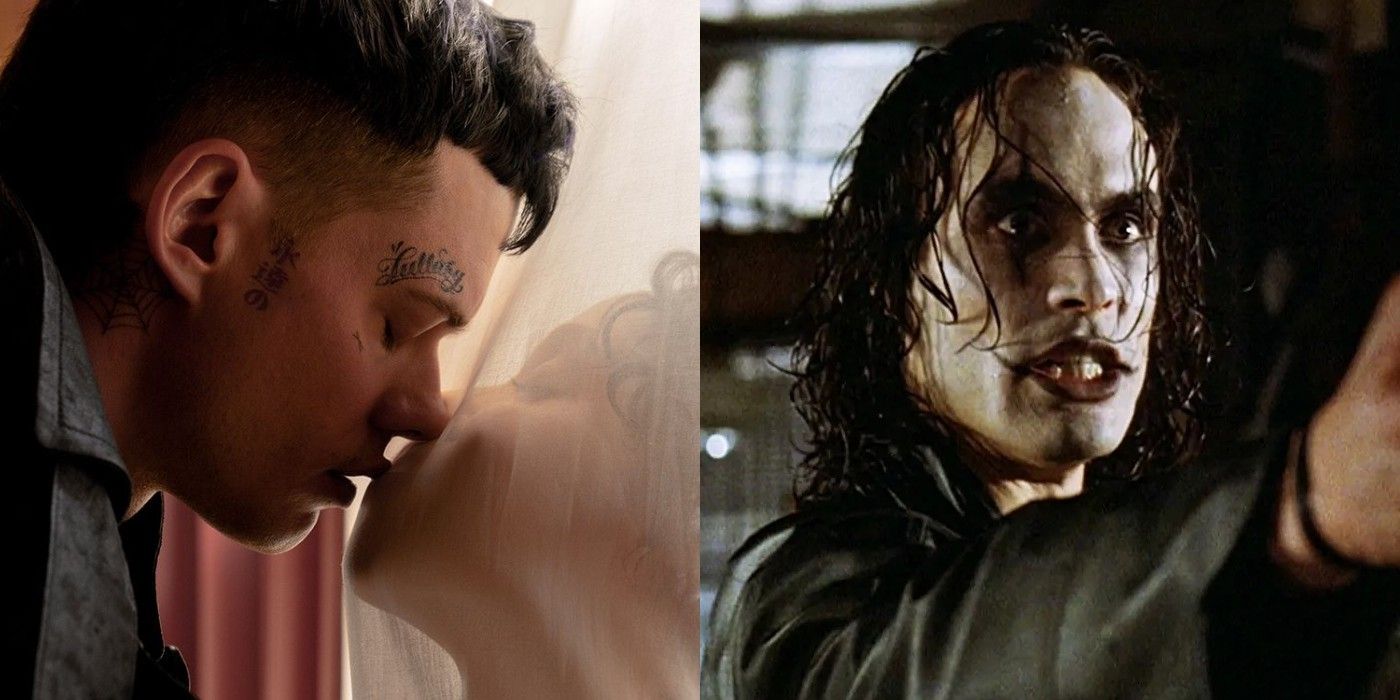 Bill Skarsgård, FKA Twigs, and Brandon Lee in The Crow (2024) and The Crow (1994)