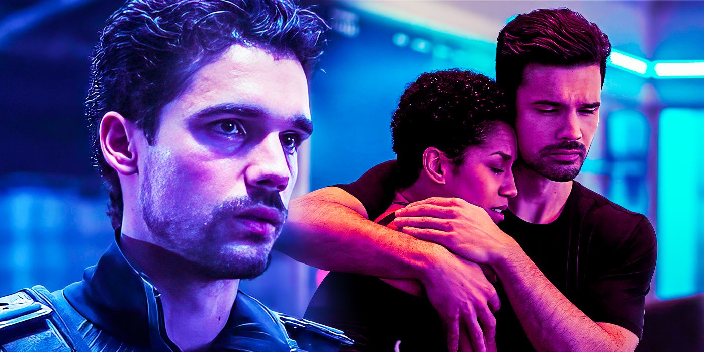 Steven Strait as James Holden and Dominique Tipper as Naomi Nagata in The Expanse.