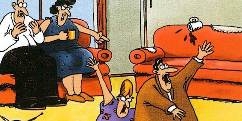 The Far Side, a couple drinking coffee on their couch point as another couple is swallowed by quicksand.