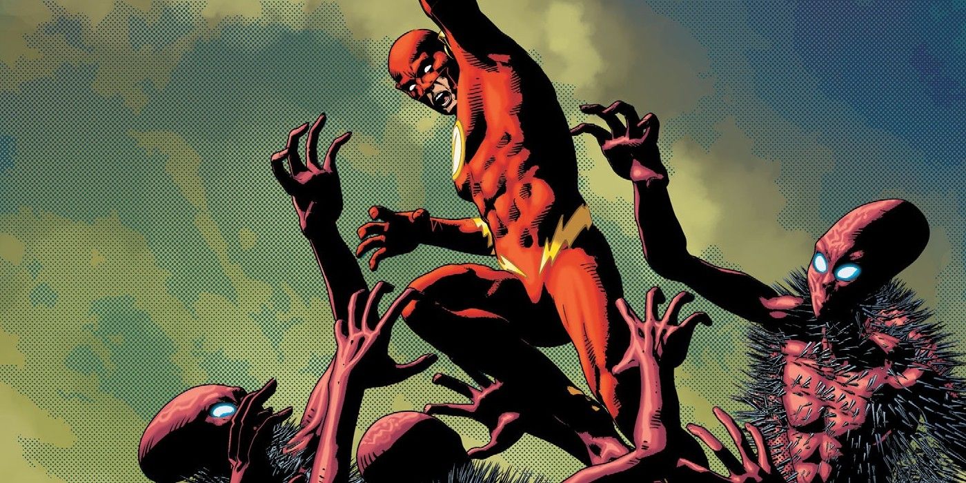 Image of the Flash struggling against aliens.