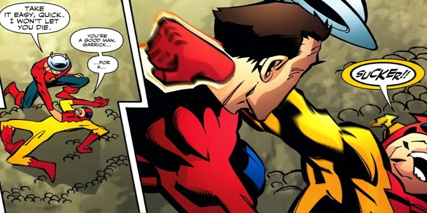 Two panels of Johnny Quick using the phasing trick to kill Jay Garrick.