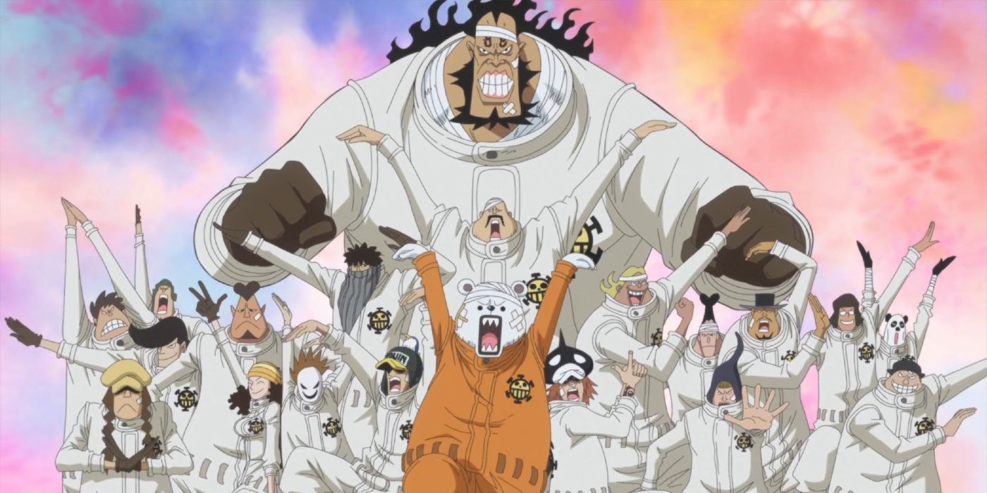 Os piratas do coração fazendo poses juntos em One Piece