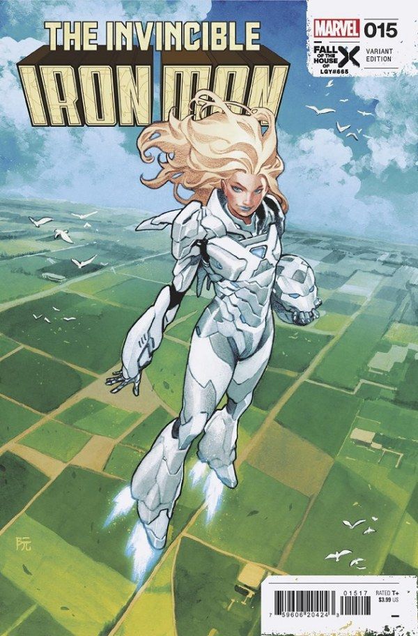 Capa variante de The Invincible Iron Man #15 com Emma Frost em seu próprio traje prateado do Homem de Ferro