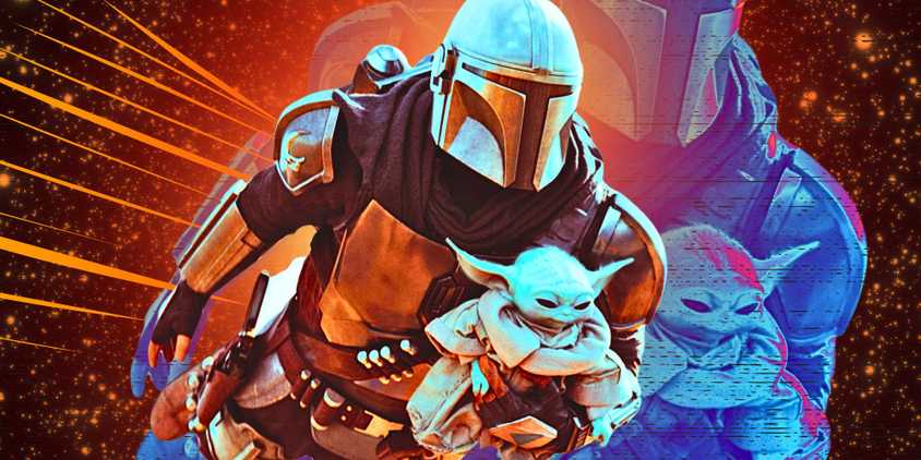 The Mandalorian and Grogu imagery with Din Djarin and Grogu flying