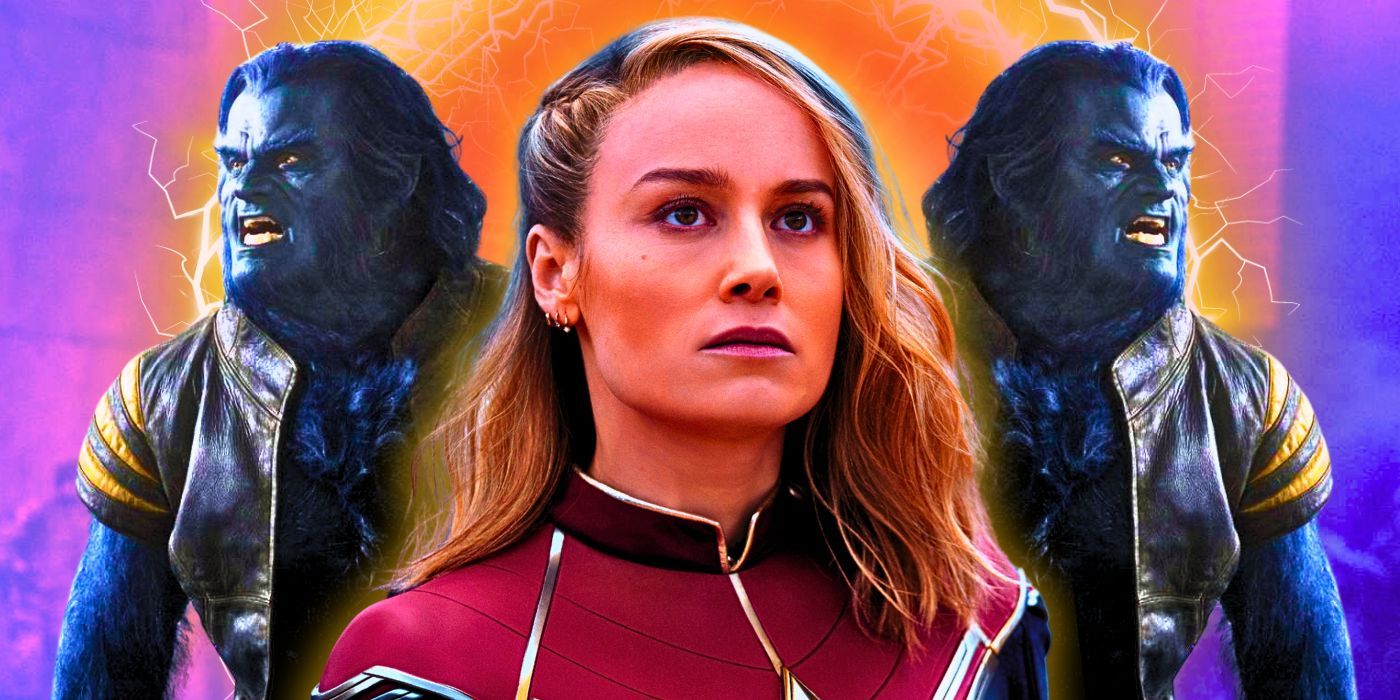 Brie Larson as Captain Marvel between a mirror image of Kelsey Grammer as Beast