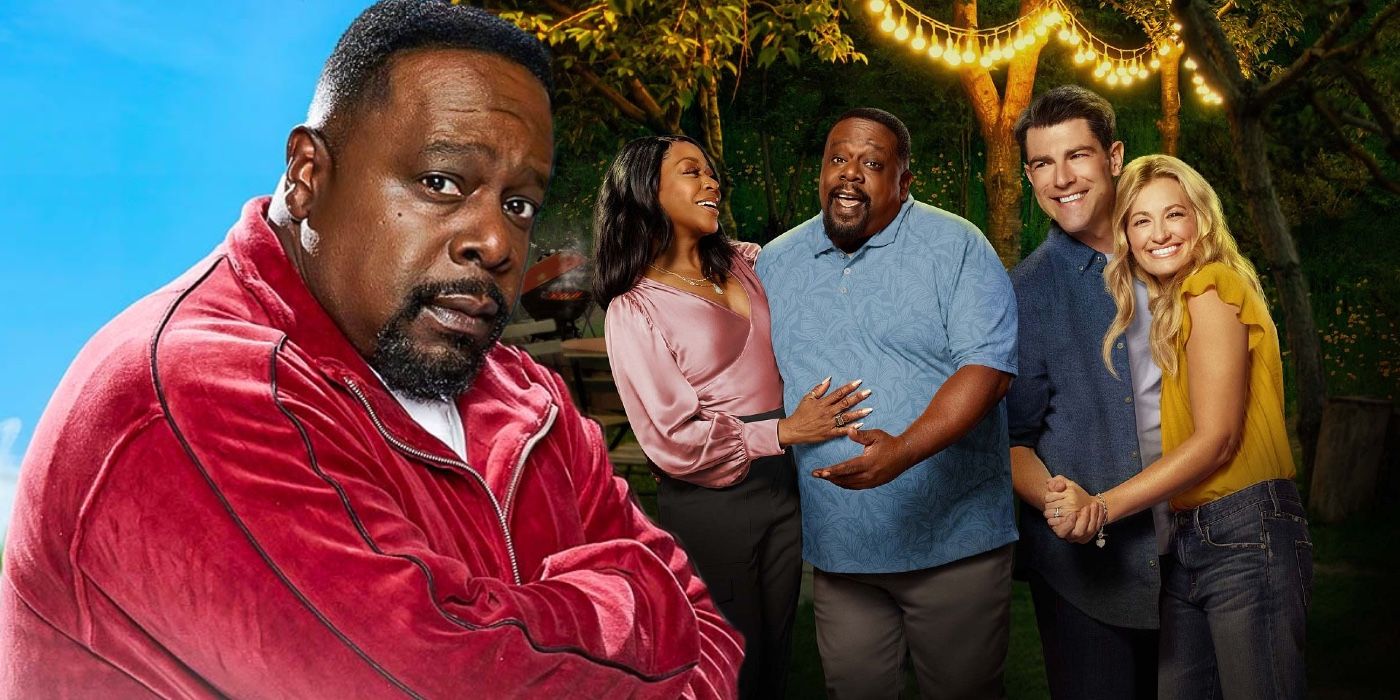 Cedric the Entertainer crosses his arms in front of a promo image of the cast of The Neighborhood