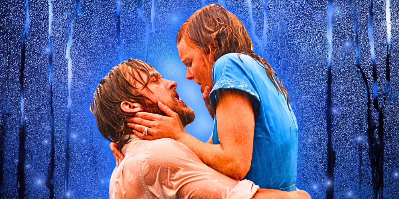 Noah (Ryan Gosling) holds Allie (Rachel McAdams) while staring intensely at each other in the rain in The Notebook.