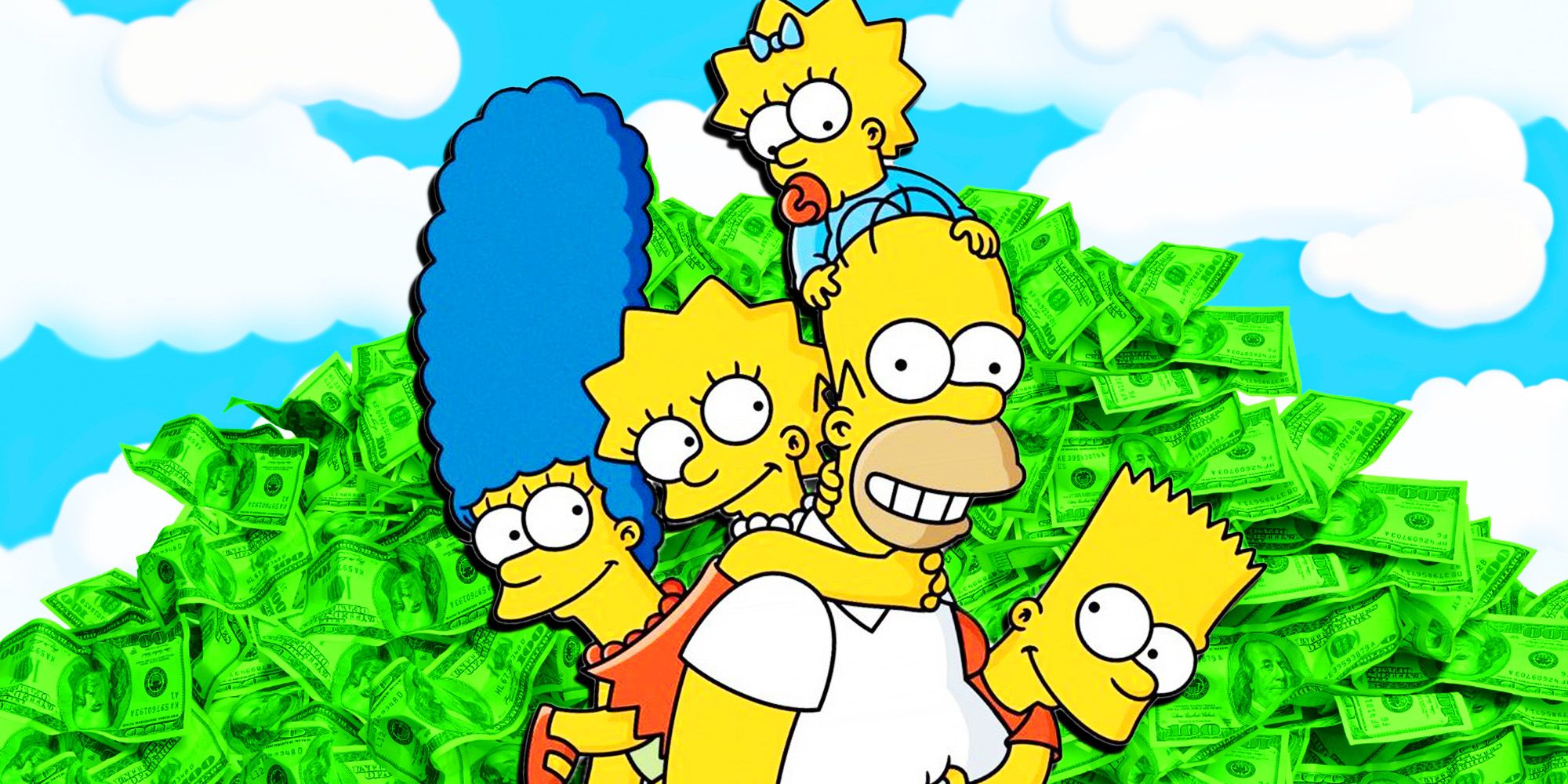 The Simpsons in front of a pile of money