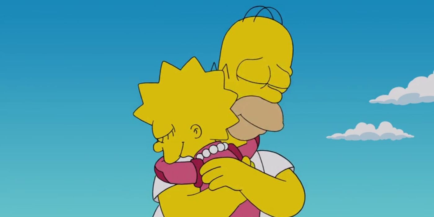 Homer abraçando Lisa no episódio dos Simpsons Lisa recebe um F