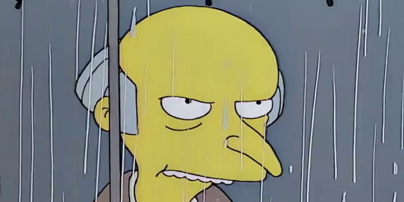 Mr. Burns glares at Grampa Simpson in the rain from The Simpsons