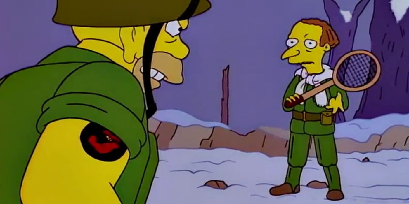 Grampa Simpson glares at Mr. Burns in World War II in The Simpsons