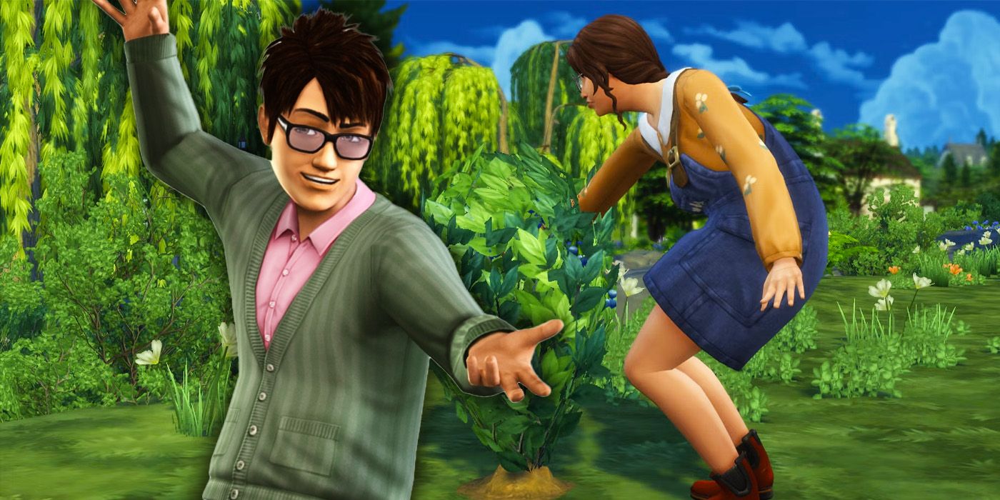 The Sims 4 Cottage Living Sim character posing while another searches for Harvestables in Henford-on-Bagley