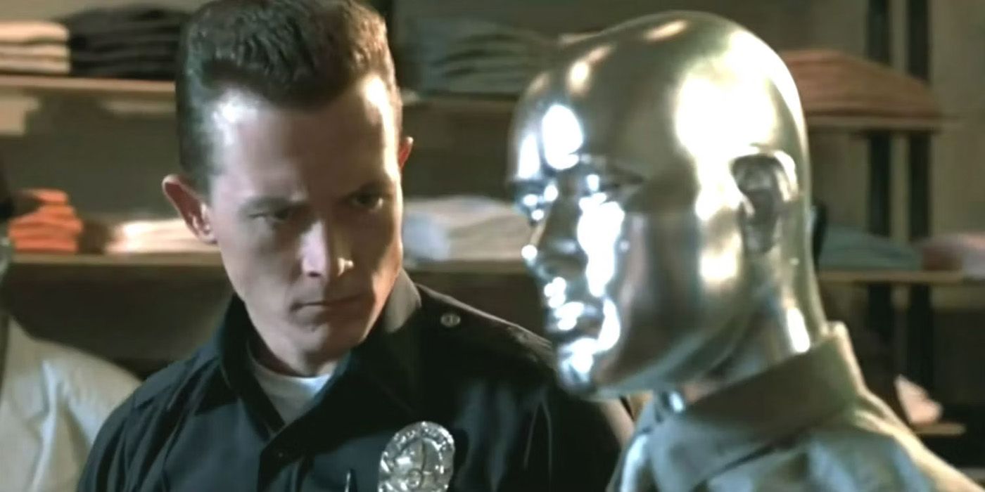 A police officer frowning at the silver T-1000 in Terminator 2