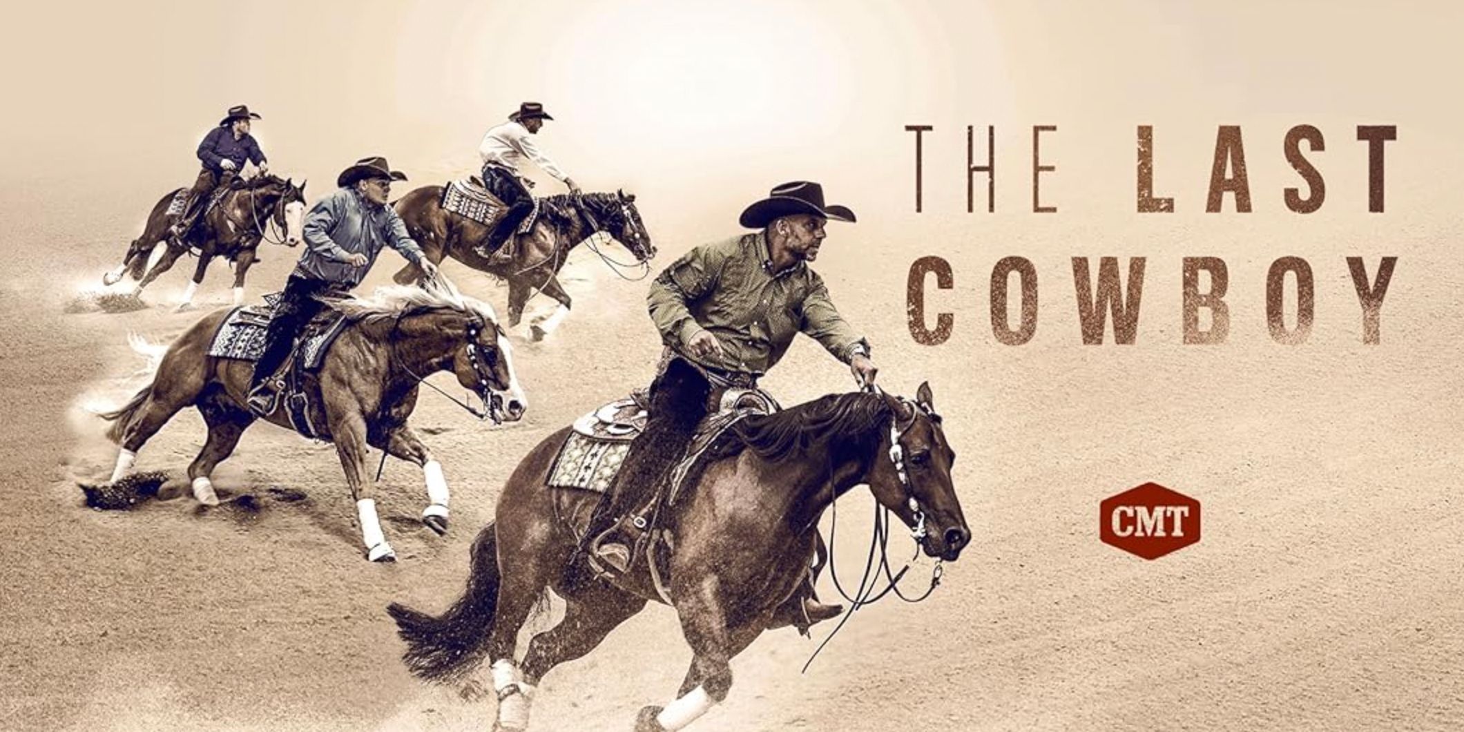 The title card for The Last Cowboy features cowboys on horses next to the text of the title in brown