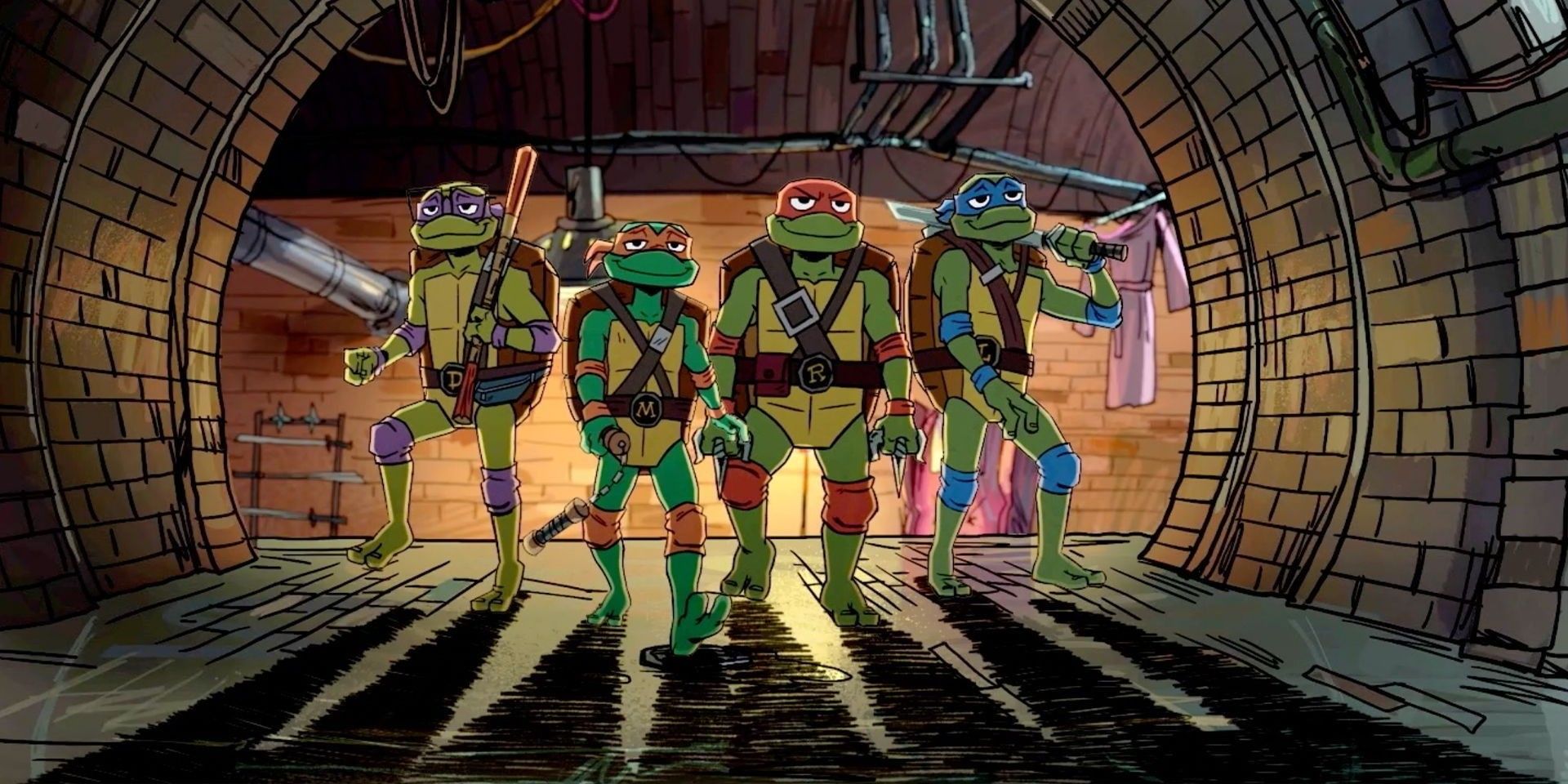 o TMNT andando por um esgoto em Tales of the Teenage Mutant Ninja Turtles
