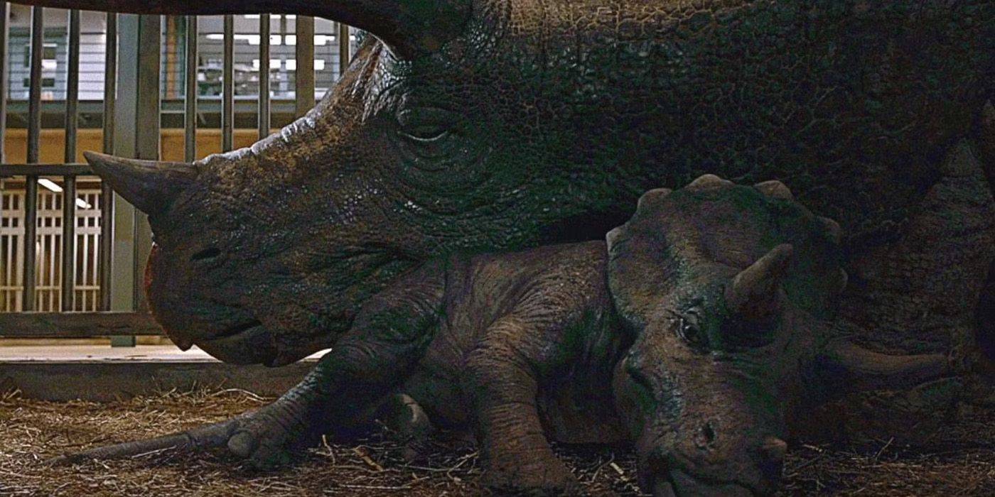 A large Triceratops with its baby in an enclosure in Jurassic World
