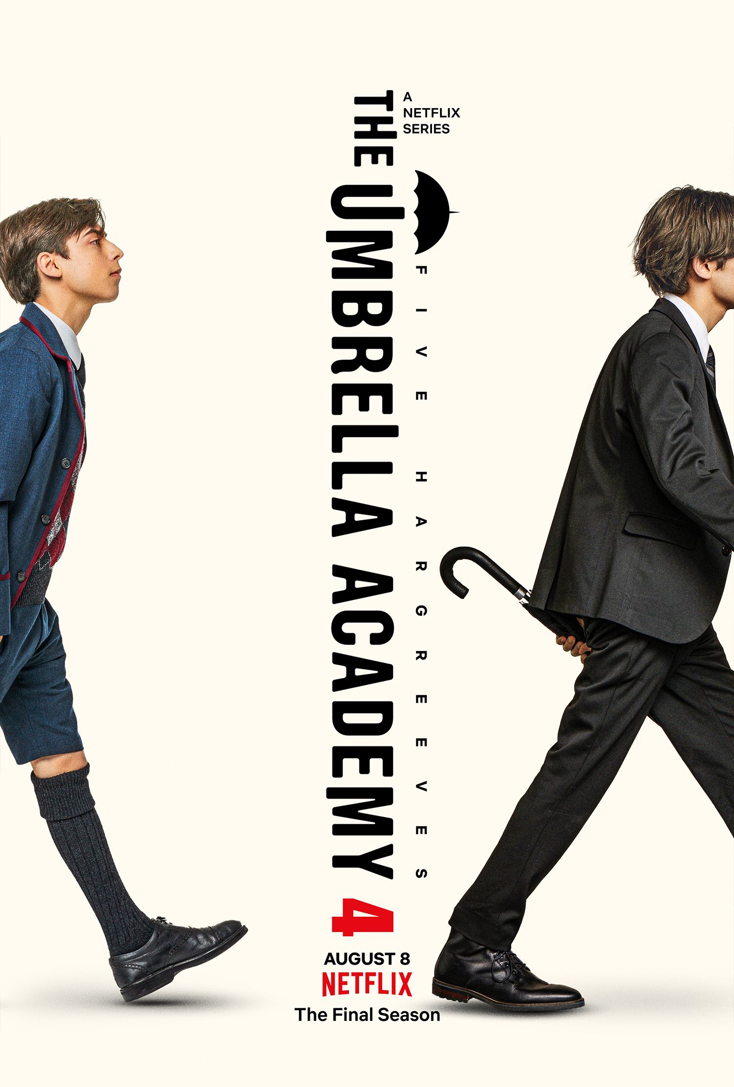 Pôster da 4ª temporada da The Umbrella Academy mostrando cinco andando